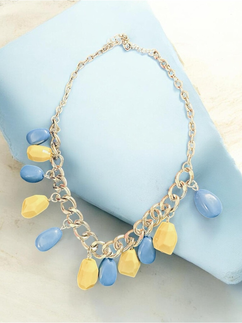Gold Chain Necklace with Blue and Yellow Gem Charms